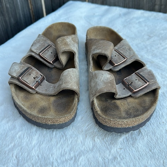 Birkenstock Arizona Suede Leather Taupe Green Two Strap Sandals Size 43 Mens 10 - Picture 10 of 11